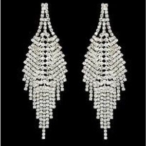 Elegant Long Rhinestone Chandelier Earrings - Silver